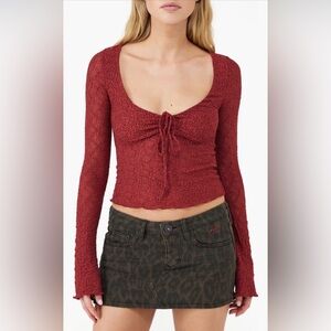 BDG Burgundy Urban Outfitters Quinn Tie Front Lace‎ Top